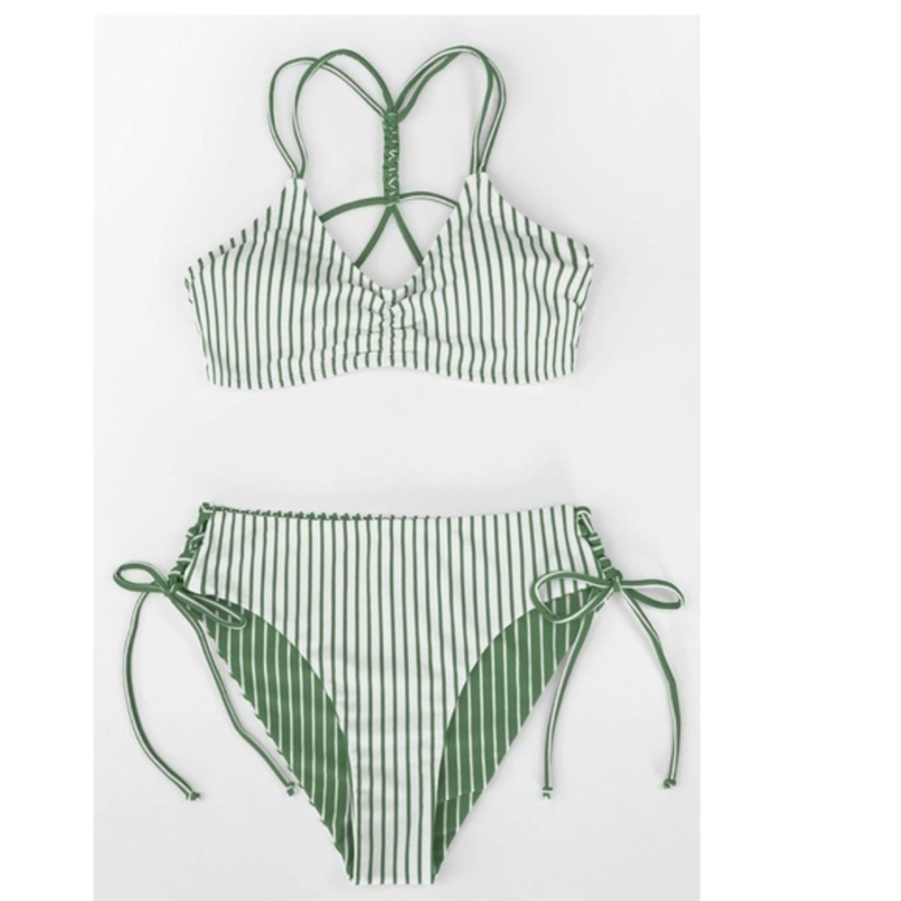 CUPSHE Women's green Back Braided Straps Reversible Bottem  Lace Up Bikini set L